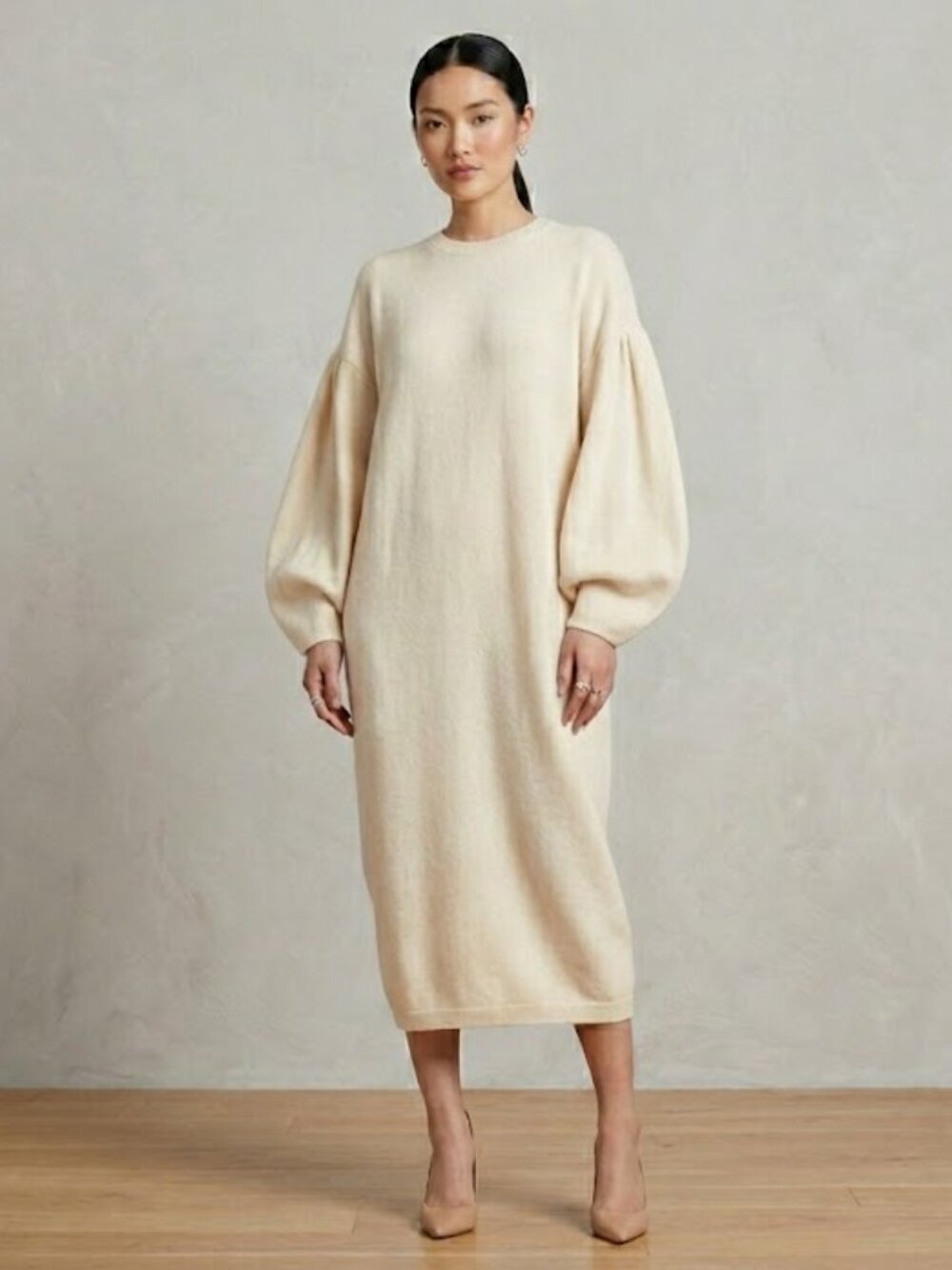 HM Crewneck Midi Sweatshirt Dress Heather Oatmeal S